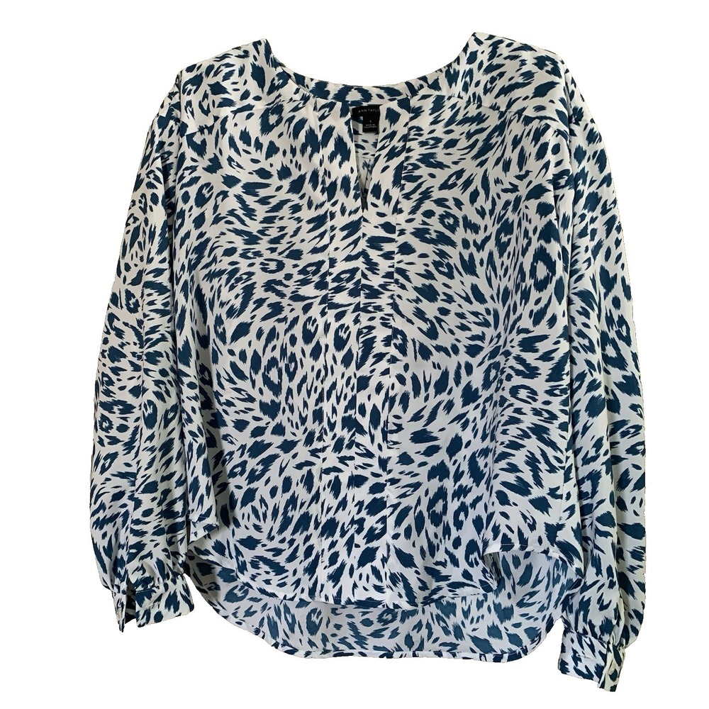 Ann Taylor Top dark green White Animal Print Chiffon Blouse SZ-Small Long Sleeve